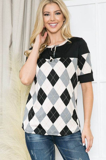 Argyle Print Button Front Jersey Top - Shop Style & More | Fresh Looks, Everyday Deals & Free Shipping