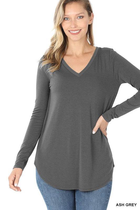 Long Sleeve V-Neck Round Hem Top - Shop Style & More | Fresh Looks, Everyday Deals & Free Shipping