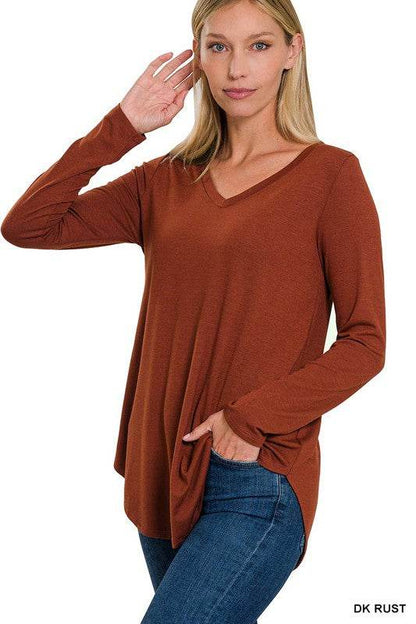 Long Sleeve V-Neck Round Hem Top - Shop Style & More | Fresh Looks, Everyday Deals & Free Shipping