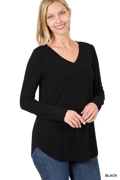 Long Sleeve V-Neck Round Hem Top - Shop Style & More | Fresh Looks, Everyday Deals & Free Shipping