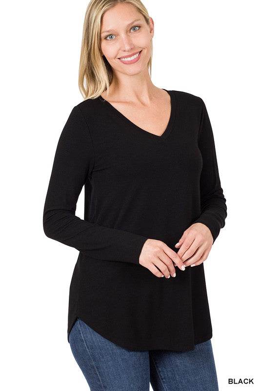 Long Sleeve V-Neck Round Hem Top - Shop Style & More | Fresh Looks, Everyday Deals & Free Shipping