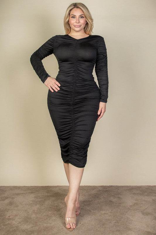 Curvy Plus Size Ruched Long Sleeve Midi Dress - Shop Style & More | Fresh Looks, Everyday Deals & Free Shipping