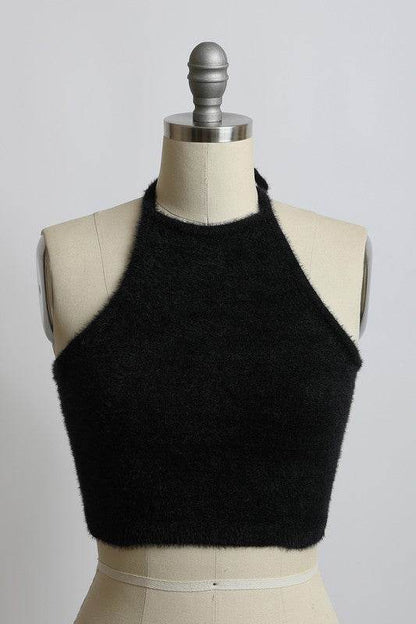 Fuzzy Sweater Halter Cropped Top - Shop Style & More | Fresh Looks, Everyday Deals & Free Shipping