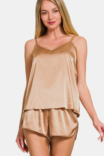 Zenana V-Neck Satin Cami and Elastic Waist Shorts Lounge Set Brush Lounge Set