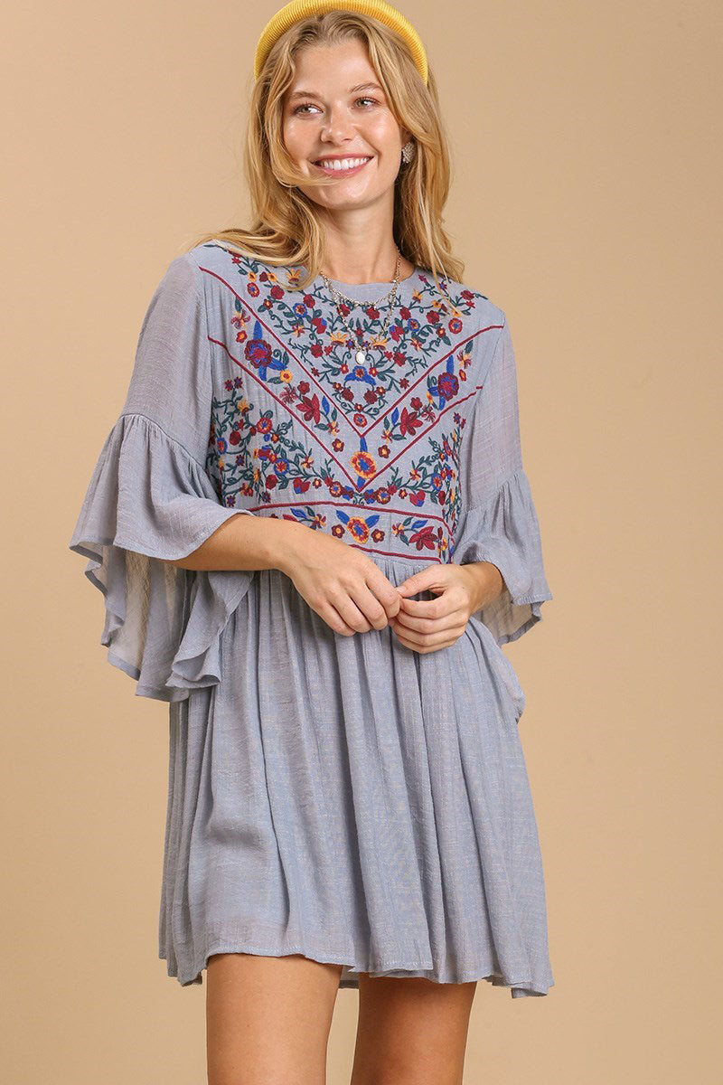 Umgee Full Size Floral Embroidered 3/4 Bell Sleeve Keyhole Dress Plus Size Gray Casual Dresses