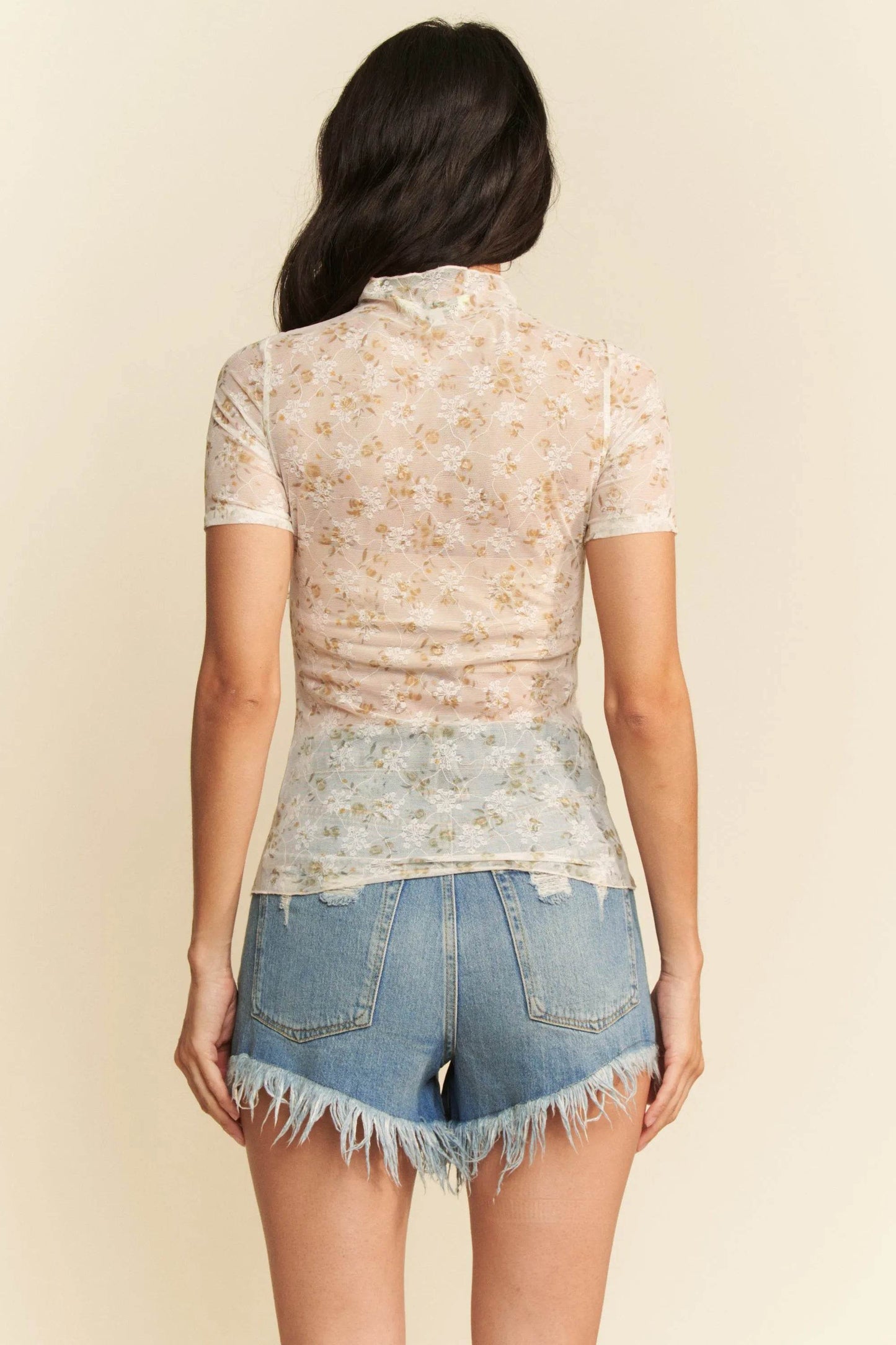 Davi & Dani Floral Mesh Mock Neck Short Sleeve Top - Shop Style & More | Fresh Looks, Everyday Deals & Free Shipping