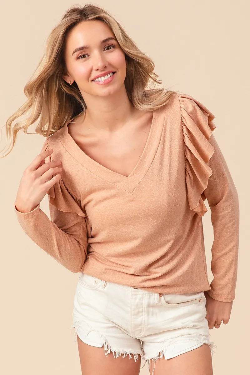 BiBi Triblend V Neck Top with Shoulder Shrring Detail - Shop Style & More | Fresh Looks, Everyday Deals & Free Shipping