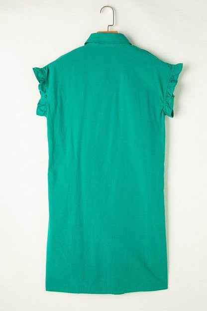 Green Shirred Ruffle Sleeve Button Up Short Dress - Shop Style & More | Fresh Looks, Everyday Deals & Free Shipping