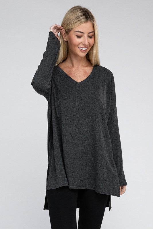 Dolman Long Sleeve V-Neck Side Slit Hi-Low Hem Top - Shop Style & More | Fresh Looks, Everyday Deals & Free Shipping
