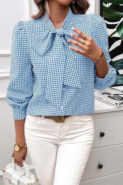Plaid Puff Sleeves Loose Button Trim Knot Blouse - Shop Style & More | Fresh Looks, Everyday Deals & Free Shipping