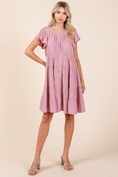 Mittoshop Lace Detail Ruffled Button Down Tiered Dress Casual Dresses