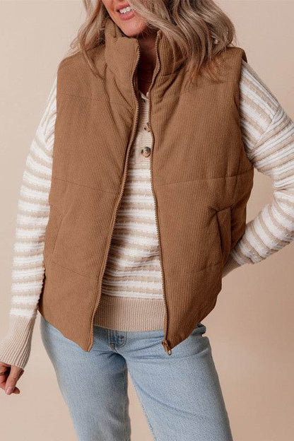 Coffee Corduroy Stand Neck Zipped Puffer Vest - Shop Style & More | Fresh Looks, Everyday Deals & Free Shipping