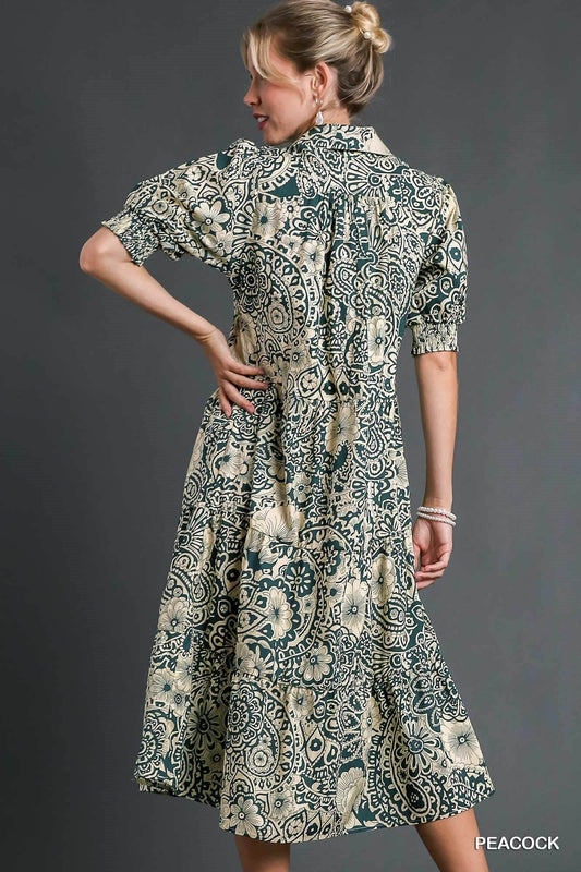 Umgee Full Size Printed Smocked Cuff Puff Sleeve Midi Dress Plus Size - Shop Style & More | Fresh Looks, Everyday Deals & Free Shipping