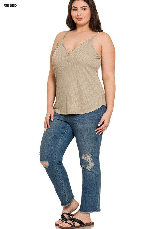 Plus Ribbed Half Snap Button Closure Cami Top - Shop Style & More | Fresh Looks, Everyday Deals & Free Shipping