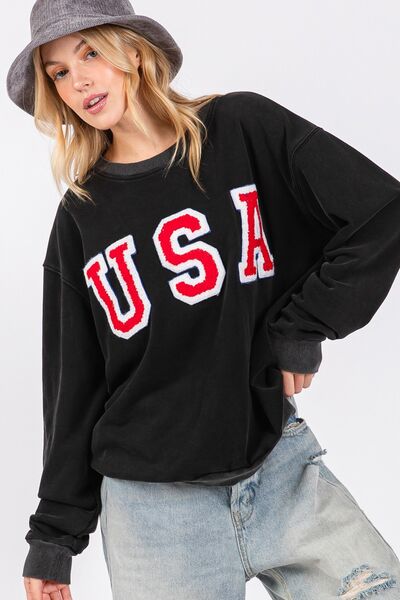 SAGE + FIG USA Letter Patch Round Neck Sweatshirt Hoodies & Sweaters