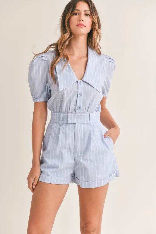 MABLE Striped Puff Sleeve Collared Neck Romper - Shop Style & More | Fresh Looks, Everyday Deals & Free Shipping