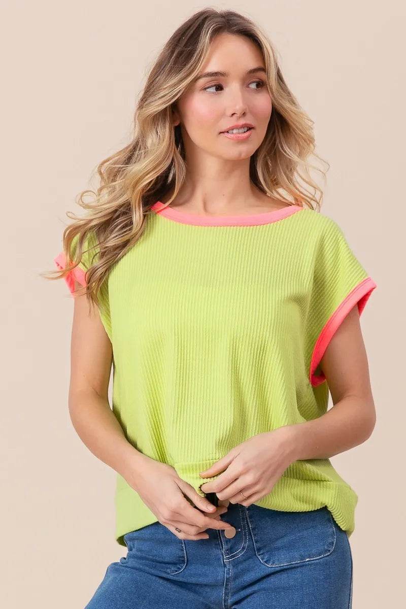 BiBi Cord Rib Knit Contrast Banded Top - Shop Style & More | Fresh Looks, Everyday Deals & Free Shipping