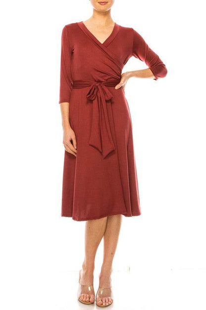 Solid faux wrap dress with deep V-neck - Shop Style & More | Fresh Looks, Everyday Deals & Free Shipping