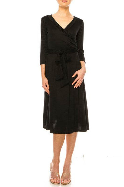 Solid faux wrap dress with deep V-neck - Shop Style & More | Fresh Looks, Everyday Deals & Free Shipping
