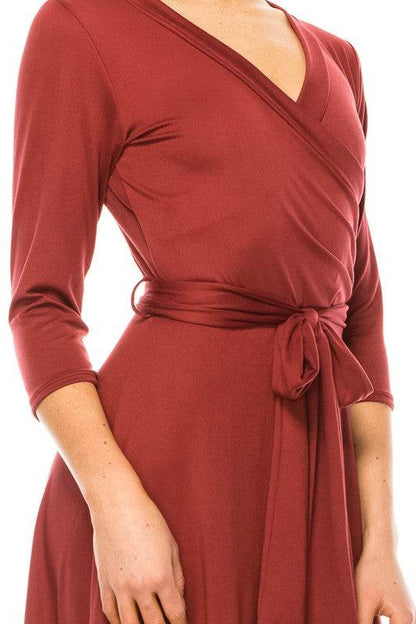 Solid faux wrap dress with deep V-neck - Shop Style & More | Fresh Looks, Everyday Deals & Free Shipping