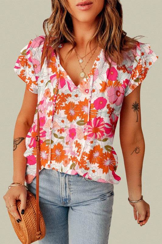 Joy Split V Neck Ruffle Sleeve Floral Blouse - Shop Style & More | Fresh Looks, Everyday Deals & Free Shipping