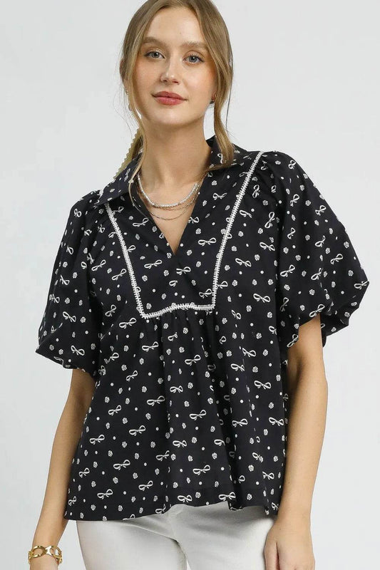 Umgee Bow Print Puff Sleeve Blouse - Shop Style & More | Fresh Looks, Everyday Deals & Free Shipping