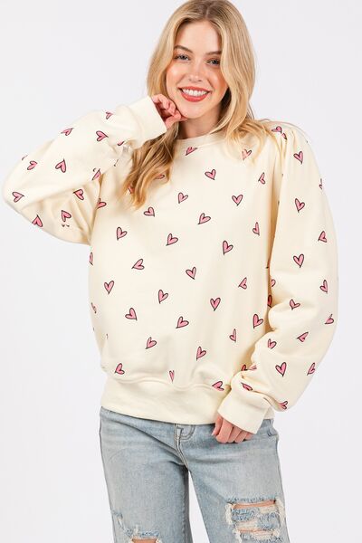 SAGE + FIG Heart Printed Contrast Long Sleeve Sweatshirt Hoodies & Sweaters