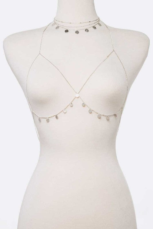 2 In 1 Fringe Disk Bra Chain Set Rhodium O S Jewelry - Body Jewelry