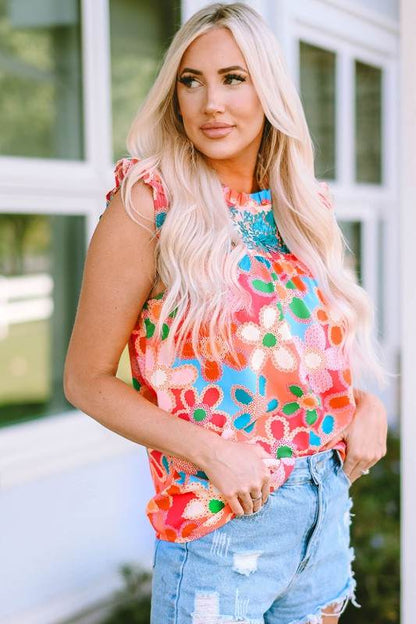 Embroidered Detail Floral Print RuffleTank Top - Shop Style & More | Fresh Looks, Everyday Deals & Free Shipping