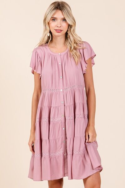 Mittoshop Lace Detail Ruffled Button Down Tiered Dress Dusty Pink Casual Dresses