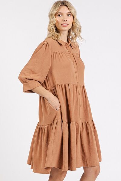 Mittoshop Button Detail Collared Neck Tiered Shirt Dress Casual Dresses