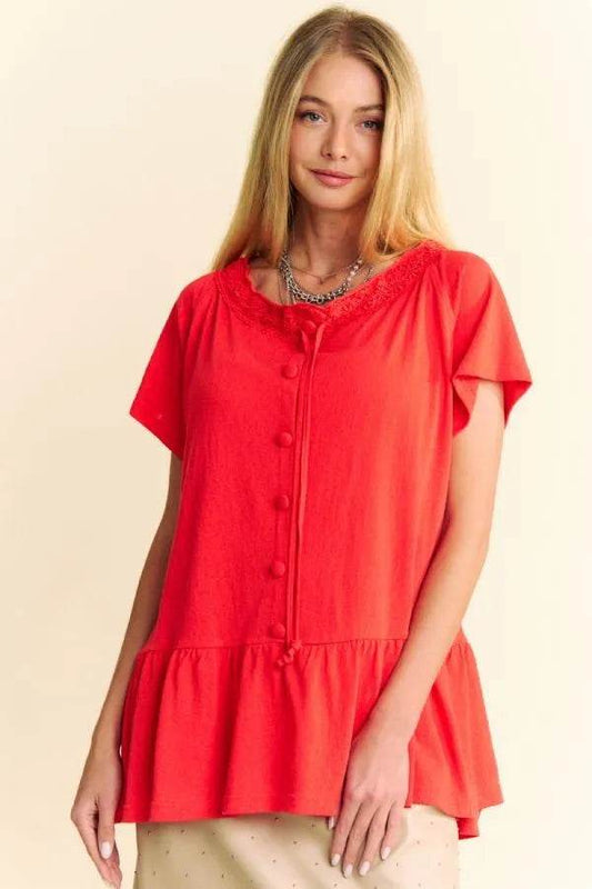 Davi & Dani Solid Lace Trim Neck Short Sleeve Peplum Top - Shop Style & More | Fresh Looks, Everyday Deals & Free Shipping