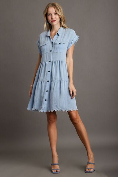 Umgee Frayed Hemline Button Down Shirt Dress Light Blue Casual Dresses