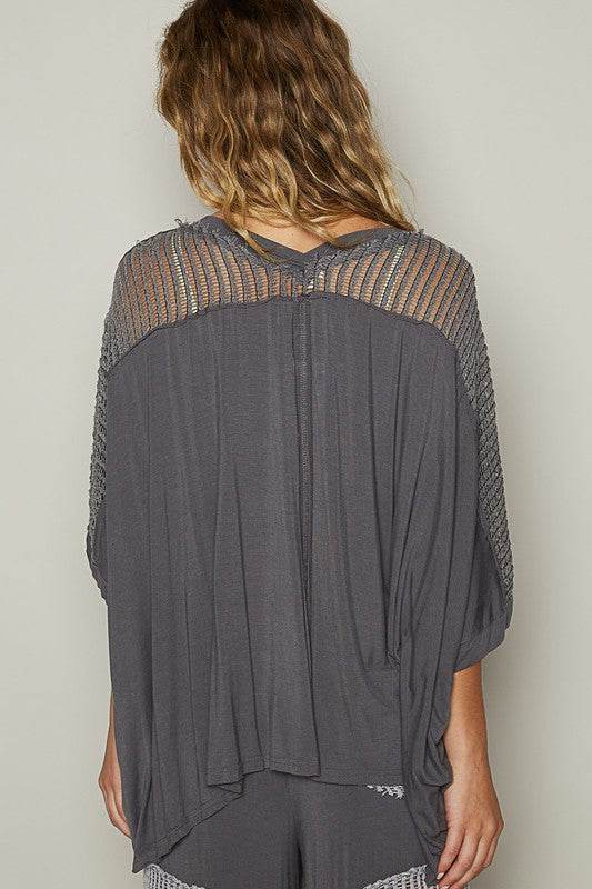 POL Oversize V-Neck Crochet Lace Contrast Studded Top - Shop Style & More | Fresh Looks, Everyday Deals & Free Shipping