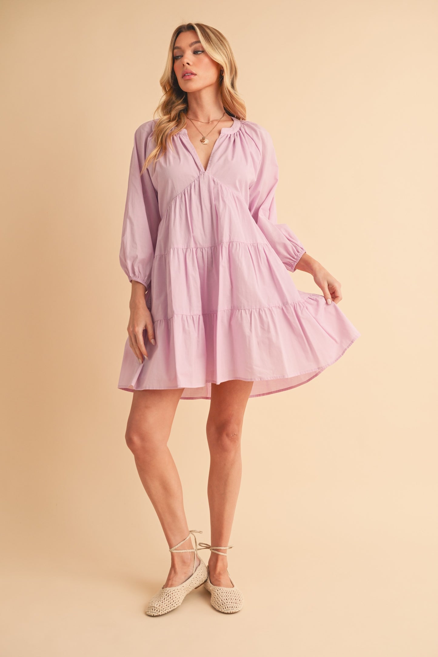 Aemi + Co Notched Balloon Sleeve Tiered Mini Dress Casual Dresses