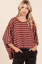 Mittoshop Texture Striped Print Round Neck Dolman Sleeve Top Rust Women's Tops - Blouses