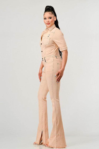 ATHINA WASHED DENIM HALF SLEEVE JUMPSUIT - Shop Style & More | Fresh Looks, Everyday Deals & Free Shipping