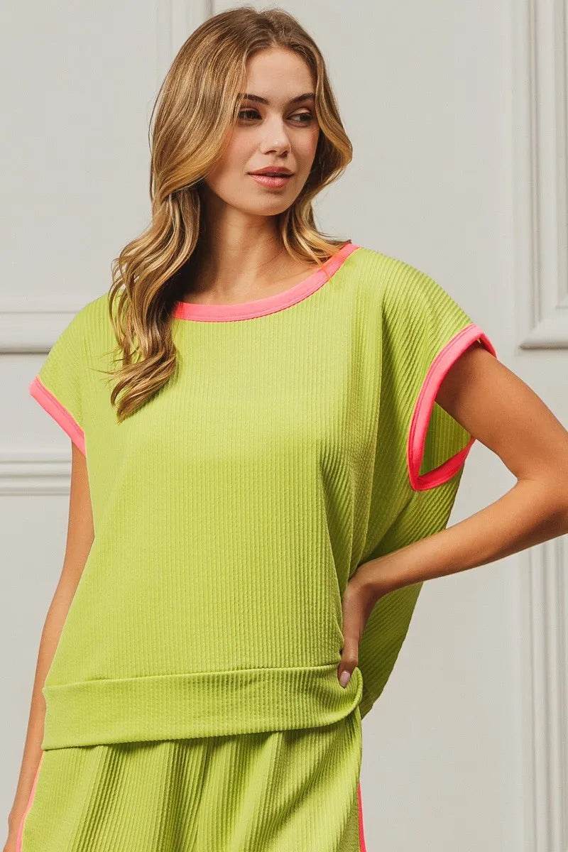 BiBi Cord Rib Knit Contrast Banded Top - Shop Style & More | Fresh Looks, Everyday Deals & Free Shipping