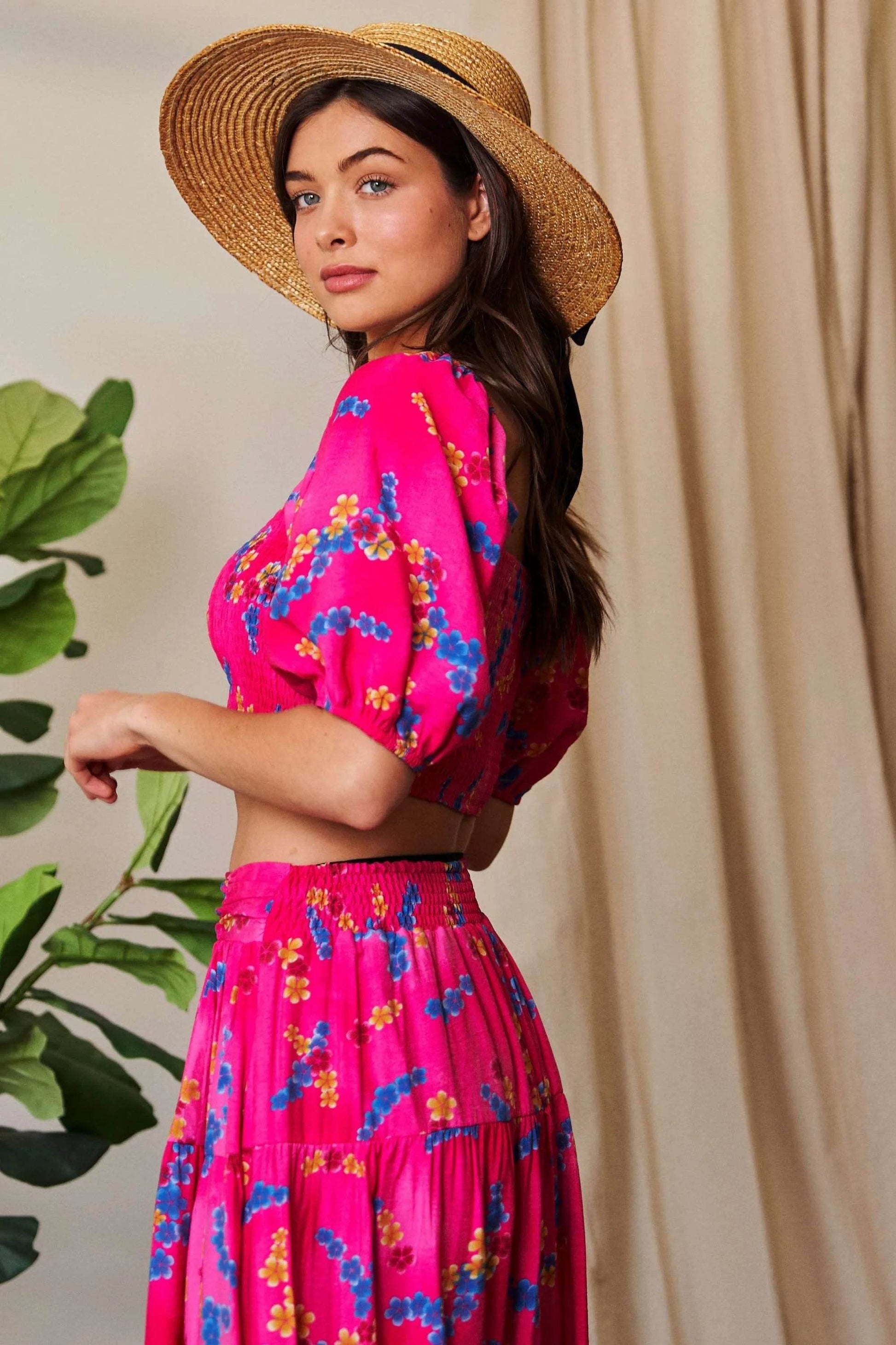 Davi & Dani Smocing Bodice Puff Short Sleeve Printed Crop Top - Shop Style & More | Fresh Looks, Everyday Deals & Free Shipping