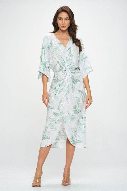 Tropical Leaf Print Kimono Dress with Front Twist - Shop Style & More | Fresh Looks, Everyday Deals & Free Shipping