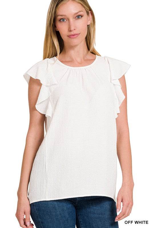 Woven Bubble Airflow Flutter Sleeve Top - Shop Style & More | Fresh Looks, Everyday Deals & Free Shipping