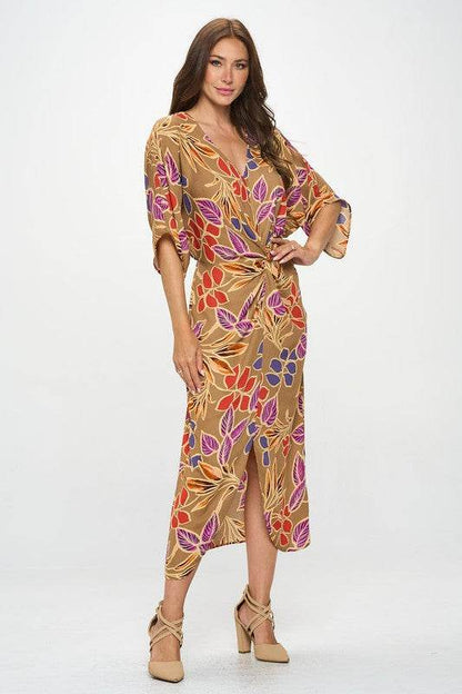 Leaf Print Kimono Dress with Front Twist - Shop Style & More | Fresh Looks, Everyday Deals & Free Shipping