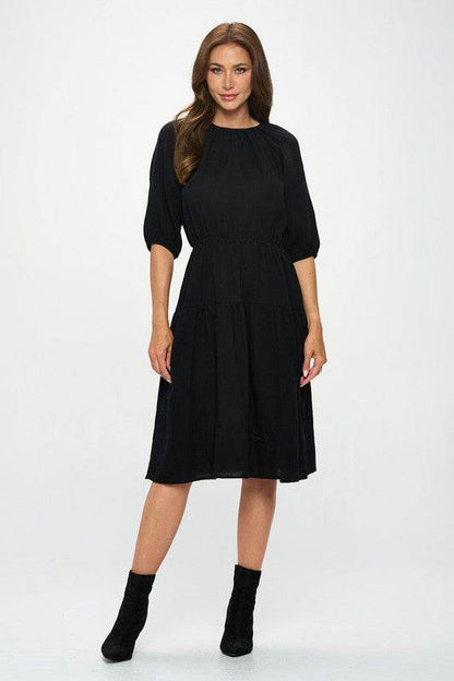 Made in USA Cotton 3/4 Sleeve Tiered Midi Dress - Shop Style & More | Fresh Looks, Everyday Deals & Free Shipping