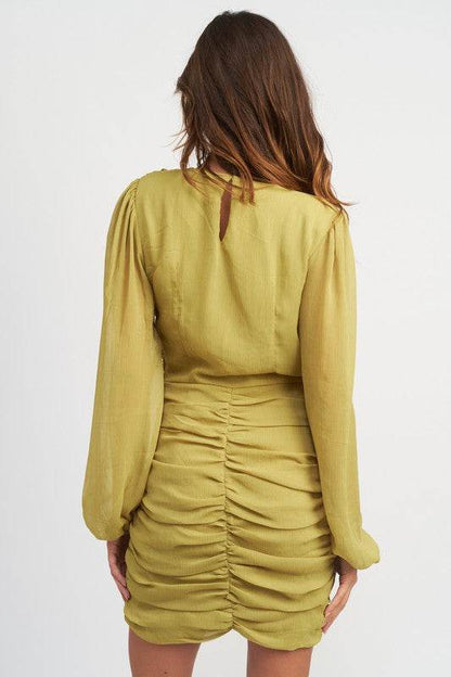 LONG SLEEVE RUCHED MINI DRESS - Shop Style & More | Fresh Looks, Everyday Deals & Free Shipping