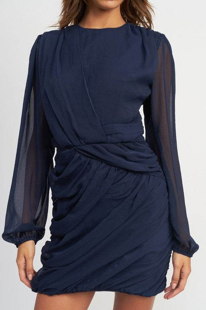 LONG SLEEVE RUCHED MINI DRESS - Shop Style & More | Fresh Looks, Everyday Deals & Free Shipping
