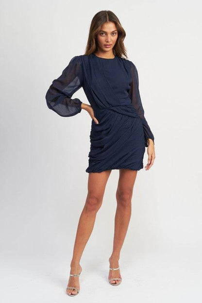 LONG SLEEVE RUCHED MINI DRESS - Shop Style & More | Fresh Looks, Everyday Deals & Free Shipping