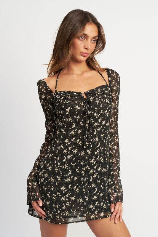 FLORAL LONG SLEEVE DRESS WITH HALTER DETAIL - Shop Style & More | Fresh Looks, Everyday Deals & Free Shipping