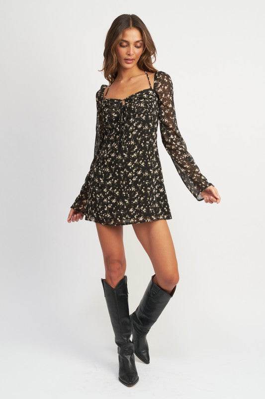 FLORAL LONG SLEEVE DRESS WITH HALTER DETAIL - Shop Style & More | Fresh Looks, Everyday Deals & Free Shipping