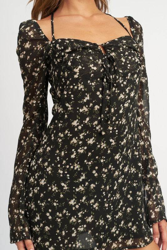 FLORAL LONG SLEEVE DRESS WITH HALTER DETAIL - Shop Style & More | Fresh Looks, Everyday Deals & Free Shipping