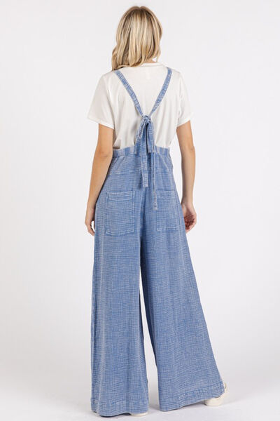 Mittoshop Textured Wide Leg Overalls Blue Jumpsuits